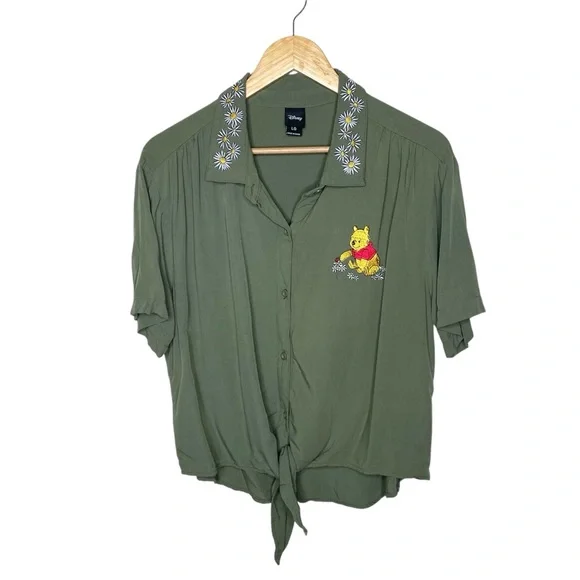 Disney Winnie The Pooh Floral Embroidered Tie Front Top Large - Picture 3 of 12